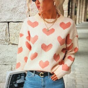 Heart Patterned Cream and Pink Sweater